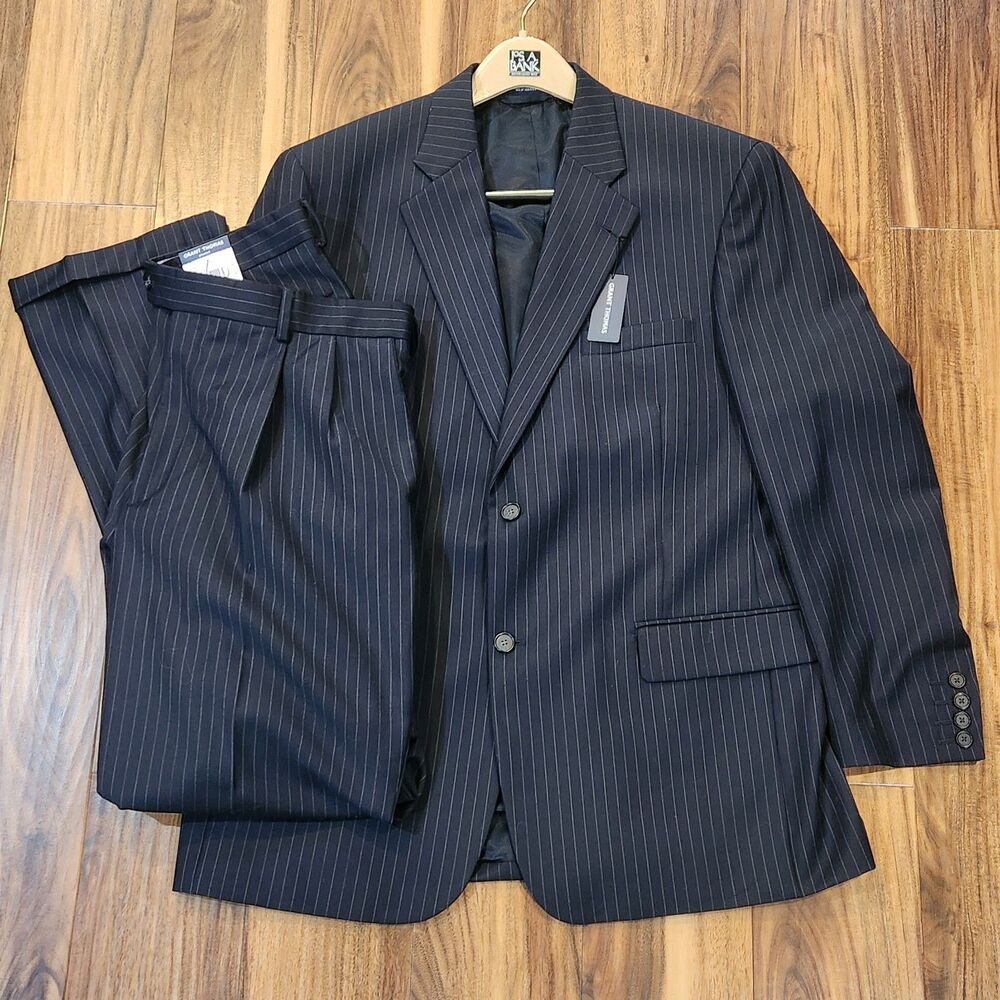 Grant Thomas Lord & Taylor Mens Navy Pinstripe 100% Wool Suit 43R Pleated
